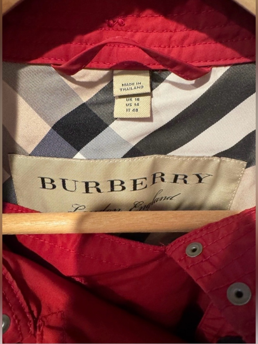 Burberry Balmoral Red Short Trench Coat Hooded Belted Jacket US 14 EUC - Picture 5 of 16